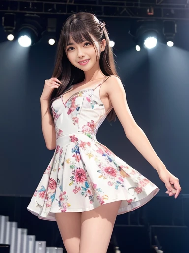 Japanese female, a lot of details, (underweight), 30 years old, detailed black hair, beautiful detailed hair, super fucking beautiful, delicate beautiful face, complex details beautiful and delicate eyes, perfect hands, (flat chest best quality:1.5), perfect and delicate limbs, detailed skin, best quality, ultra-detailed,(cheerful grin:1.5),
style girl, full body, best detailed girl, utaitesinger, (short dress), high heels, corrugated, floral print cloth, beautifuly color Clothes, supernova star,in (the stadium), (stage lights:1.2), (backlighting:1.2)