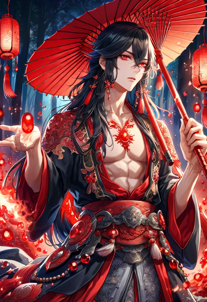 absurdres, highres, ultra detailed, HDR, master piece, best quality, extremely detailed face, delicated features, Xue Yu, untamed spiky hair, black hair, long hair, hair between the eyes, expressive red eyes, Thousand Years War, solo, sexy man holding a red paper umbrella, holding, handsome, toned chest, black haori, red fantasy robes, red blood rain, fantasy, magic, envy magical, forest, red dust, red lanterns, red fire, red floating round lights