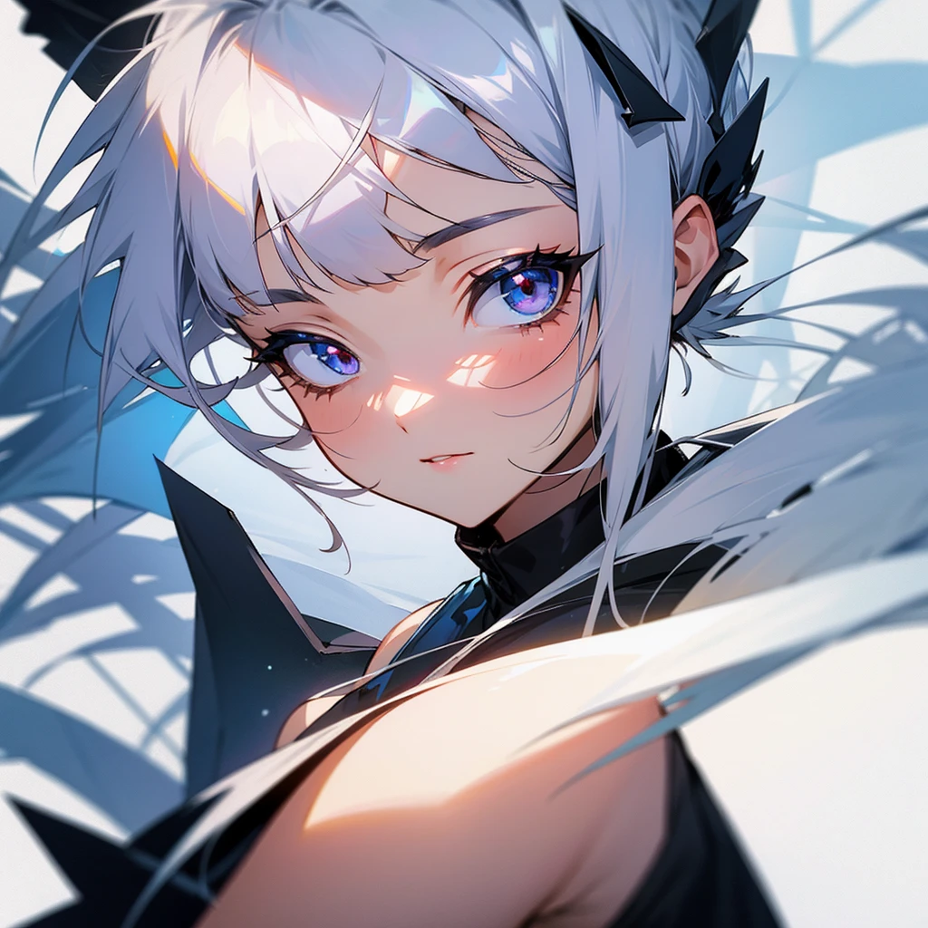 beautiful, masterpiece, Highest quality, anime, One girl, C Cup,Portrait Shot, View your viewers, Intricate details,>,((Covered、Short Hair、nearby、Blue Eyes、art、、White hair,Blue streaked hair、wallpaper、、hairpin、smile、Thighs、Race Queen、rq、Photographed from the front、High heels