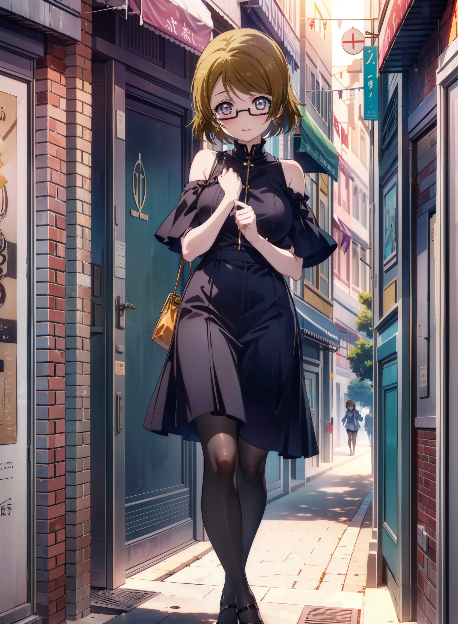hanayo koizumi, hanayo　Koizumi, short hair, Brown Hair, Purple eyes,Big Breasts,Black-rimmed glasses,Cold Shoulder Shirt,Short sleeve,Long skirt,Black pantyhose,Stiletto heels,happy smile, smile, Open your mouth,まるでwhole bodyがイラストの中にいるかのように,Walking,morning,morning陽,The sun is rising,
break looking at viewer, whole body,
break outdoors,Building district,
break (masterpiece:1.2), Highest quality, High resolution, unity 8k wallpaper, (shape:0.8), (Beautiful and beautiful eyes:1.6), Highly detailed face, Perfect lighting, Extremely detailed CG, (Perfect hands, Perfect ???????),