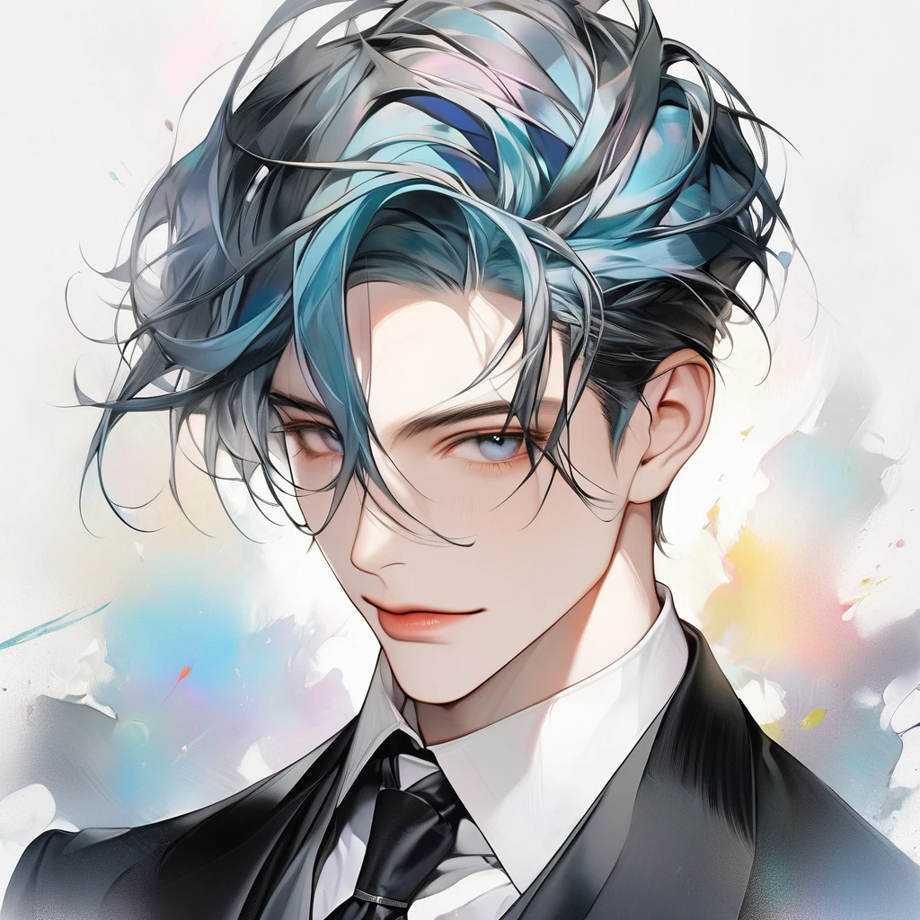 visage parfait, gentleman de 28 ans, couleur de cheveux noir, aspect pastel à l'huile, regardant le ciel nocturne sous la pluie, Ambiance chic, lumière pâle d'un lampadaire en arrière-plan, --niji 5, 4K