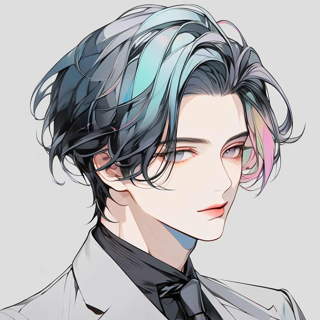 visage parfait, gentleman de 28 ans, couleur de cheveux noir, aspect pastel à l&#39;huile, regardant le ciel nocturne sous la pluie, Ambiance chic, lumière pâle d&#39;un lampadaire en arrière-plan, --niji 5, 4K