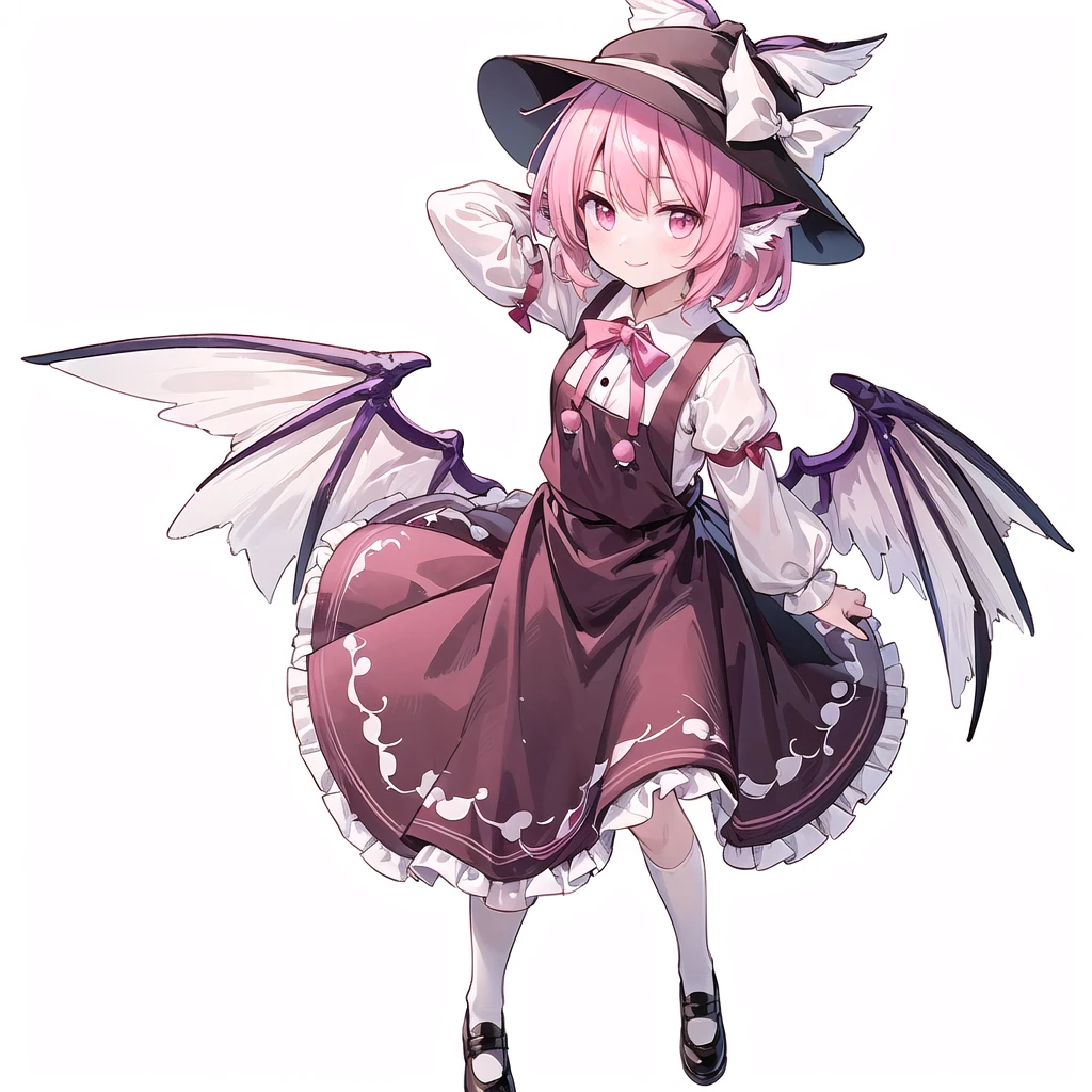  (((one girl))),(((mystia lorelei))),(((touhou))),(((short hair,pink hair))),(((pink eyes))),(((very small bird wings))),(((brown headwear, hat))),(((brown dress,pinafore dress,white shirt,collared shirt,dress bow,pink bow,long sleeves,frilled sleeves,kneehighs,black footwear,winged hat))),(((smile))),(((full body))),(((arm behind head))),(((model posing))),(((simple white background))),(((Angle from above)))