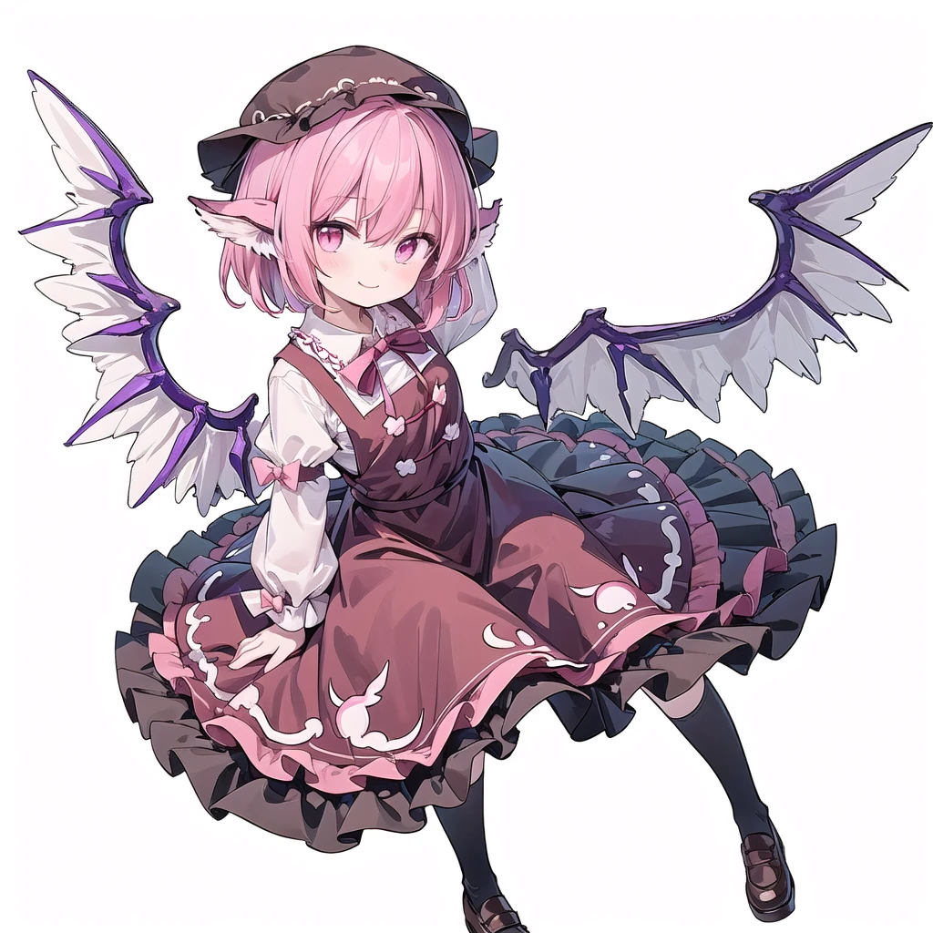 (((one girl))),(((mystia lorelei))),(((touhou))),(((short hair,pink hair))),(((pink eyes))),(((very small bird wings))),(((brown headwear, hat))),(((brown dress,pinafore dress,white shirt,collared shirt,dress bow,pink bow,long sleeves,frilled sleeves,kneehighs,black footwear,winged hat))),(((smile))),(((full body))),(((arm behind head))),(((model posing))),(((simple white background))),(((Angle from above)))