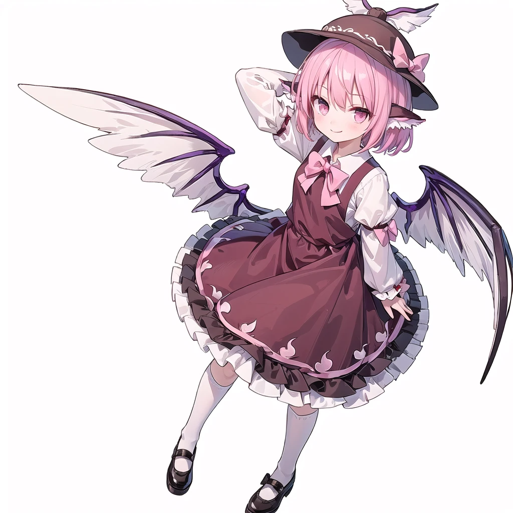  (((one girl))),(((mystia lorelei))),(((touhou))),(((short hair,pink hair))),(((pink eyes))),(((very small bird wings))),(((brown headwear, hat))),(((brown dress,pinafore dress,white shirt,collared shirt,dress bow,pink bow,long sleeves,frilled sleeves,kneehighs,black footwear,winged hat))),(((smile))),(((full body))),(((arm behind head))),(((model posing))),(((simple white background))),(((Angle from above)))