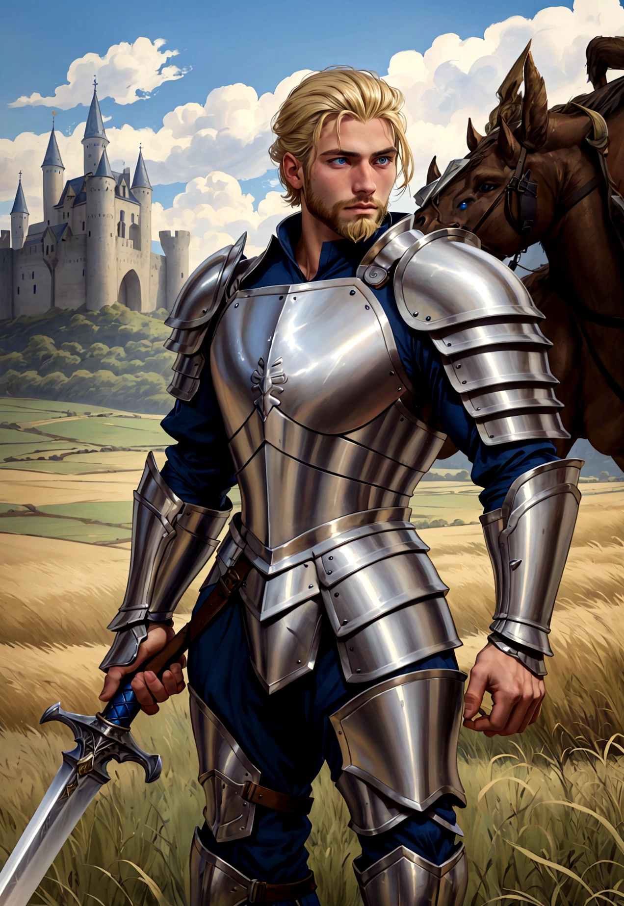 ((1 guerrero)) 25 year old man, blonde hair, blue eyes, attractive face, with beard, masculine, muscular,gentleman, with silver armor. naked torso, armor on arms, leg armor, with a medieval sword in his hand, looking at the horizon, open field scenario, with castle behind.