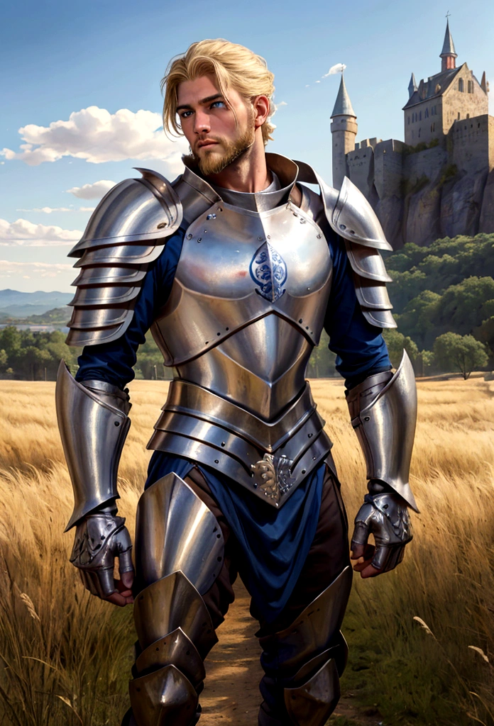 ((1 guerrero)) 25 year old man, blonde hair, blue eyes, attractive face, with beard, masculine, muscular,gentleman, with silver armor. naked torso, armor on arms, leg armor, with a medieval sword in his hand, looking at the horizon, open field scenario, with castle behind.