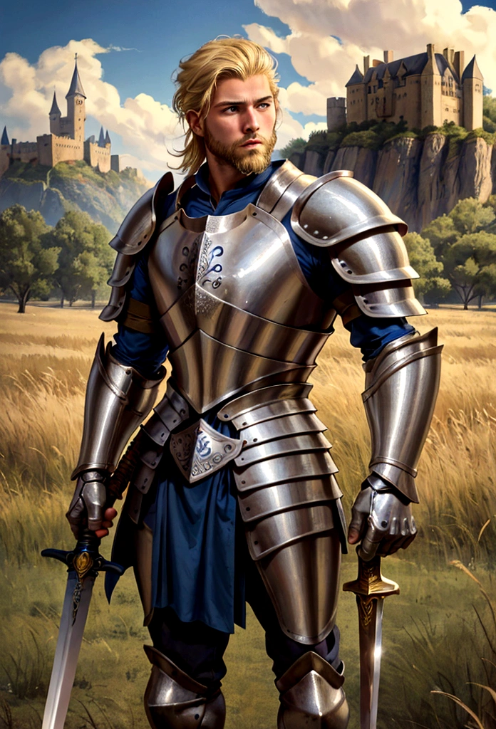((1 guerrero)) 25 year old man, blonde hair, blue eyes, attractive face, with beard, masculine, muscular,gentleman, with silver armor. naked torso, armor on arms, leg armor, with a medieval sword in his hand, looking at the horizon, open field scenario, with castle behind.