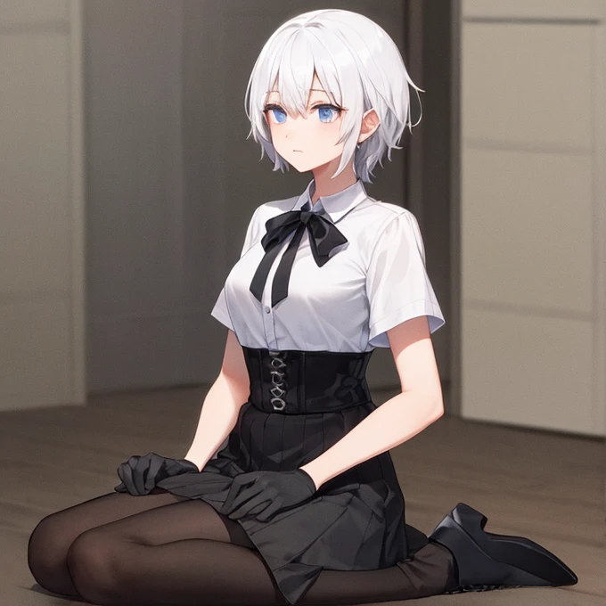 girl, blue eyes, White hair, short sleeve white shirt, black gloves, short black skirt, long black boots, expressionless look, Long black tie.