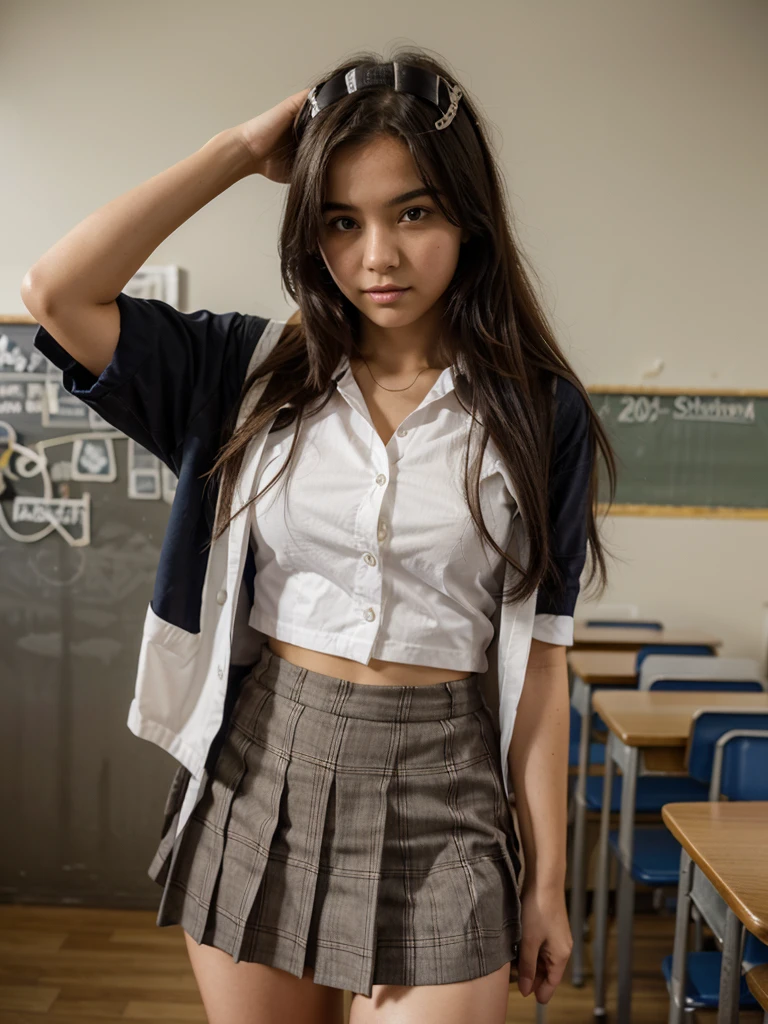 A 20-YEAR-OLD WOMAN IN A SCHOOLGIRL&#39;S OUTFIT POSING SENSUALLY IN THE LIVING ROOM OF HER HOUSE, MIDNIGHT NSFW high resolution, Masterpiece, Best Quality, intricate details, Very detailed, sharp focus, detailed skin, realist skin texture, texture, detailed eyes, professional, 4k, charming smile, shot with cannon, depth of field, Kodak Vision Color, perfectly fitted body, extremely detailed, Photo_\( ultra\), Photorealist, realist, Post processing, Maximum details, roughness, real life, ultrarealist, Photorealism, Photography, 8K uhd, Photography, RAW, HDR