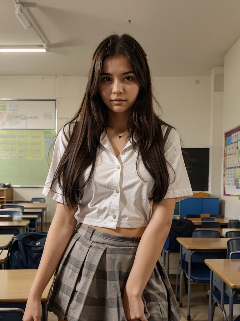 A 20-YEAR-OLD WOMAN IN A SCHOOLGIRL'S OUTFIT POSING SENSUALLY IN THE LIVING ROOM OF HER HOUSE, MIDNIGHT NSFW high resolution, Masterpiece, Best Quality, intricate details, Very detailed, sharp focus, detailed skin, realist skin texture, texture, detailed eyes, professional, 4k, charming smile, shot with cannon, depth of field, Kodak Vision Color, perfectly fitted body, extremely detailed, Photo_\( ultra\), Photorealist, realist, Post processing, Maximum details, roughness, real life, ultrarealist, Photorealism, Photography, 8K uhd, Photography, RAW, HDR