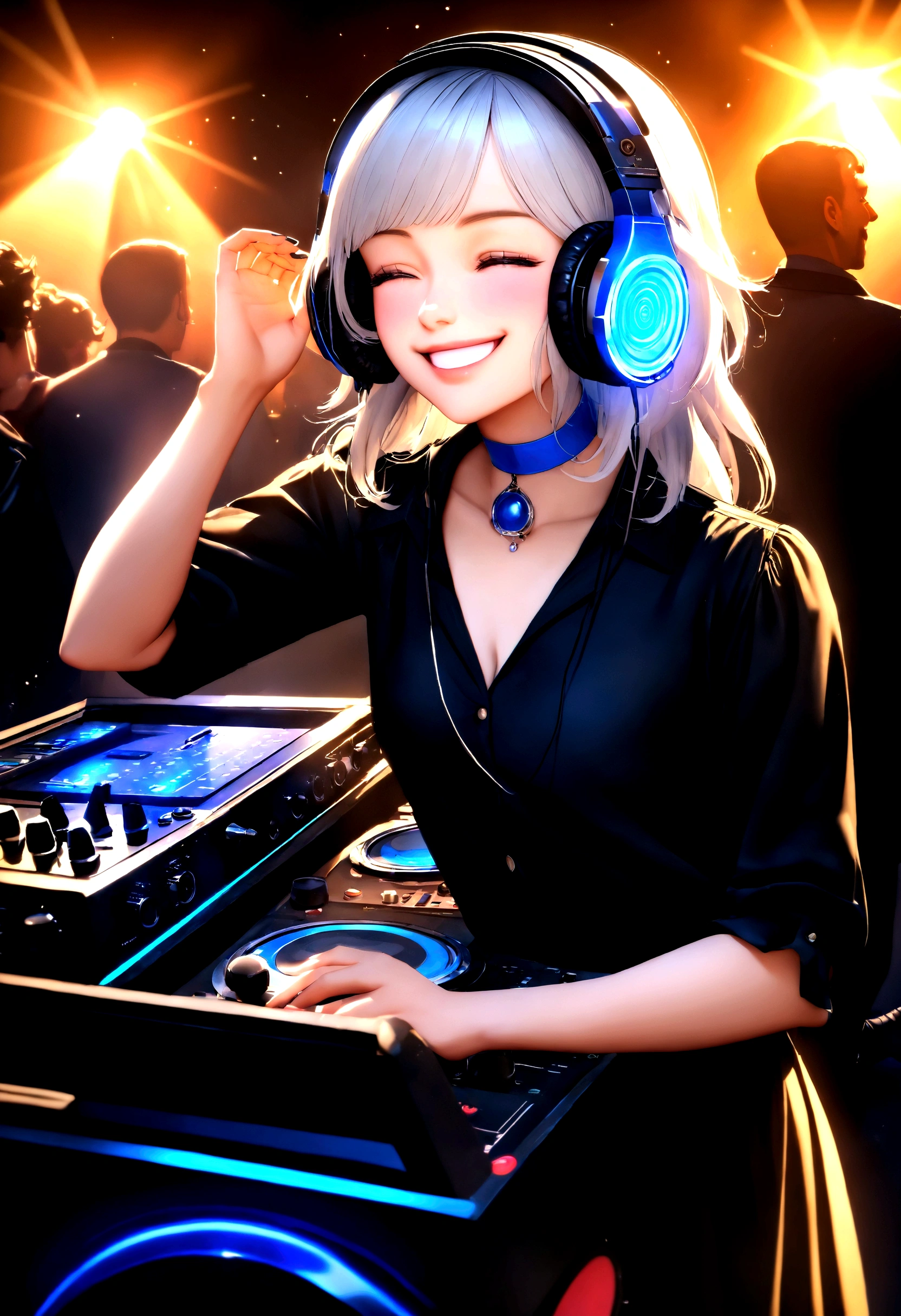 Carolina, one with a white, flushed face and a wide smile, eyes closed, he is standing with his dj device and headphones in his ears enjoying music in a club. O cabelo dela, it's blue, short with bangs and beak and eyes expressive of happiness . wear black clothes, ear rings and choker, gothic boots on feet. Carolina writes lively and enchanting songs adding a touch of euphoria to the scene. Esta imagem hiper-realista, 8K Ultra HD rendering, features Pixar-style and Disney-style details
