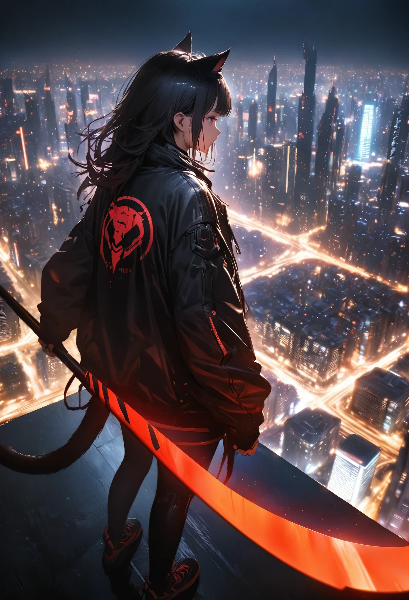 Detailed silhouette of a cyberpunk girl with cat ears and a tail, Flowing, Tattered coat, He wields a giant glowing red scythe with a mechanical tiger design on it., Stand on the glossy, Minimalist reflective surface, The background is a photorealistic cityscape, A big city with many skyscrapers, night, Background Blur