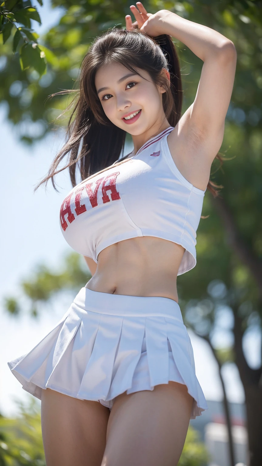 (8K、RAW Photos、Highest quality、masterpiece:1.2)、(Realistic、Photorealistic:1.37)、1 girl、Laughter、Japanese、20-year-old、woman、Daytime、garden、Natural soft light、Photon Mapping、Radio City、Dark brown hair、ponytail、((Angle from below))、(Esbian all over)、Detailed face、Detailed lips、Detailed Iole Skin、double eyelid、(Big Breasts:1.5)、(Cheerleader uniform)、(mini skirt)、Not wearing a bra、((Not wearing panties))、Perfect body、Glowing Skin、Cheerleading-like energetic pose、Jumping、Cowboy Shot、Laughter、Make eye contact with the camera