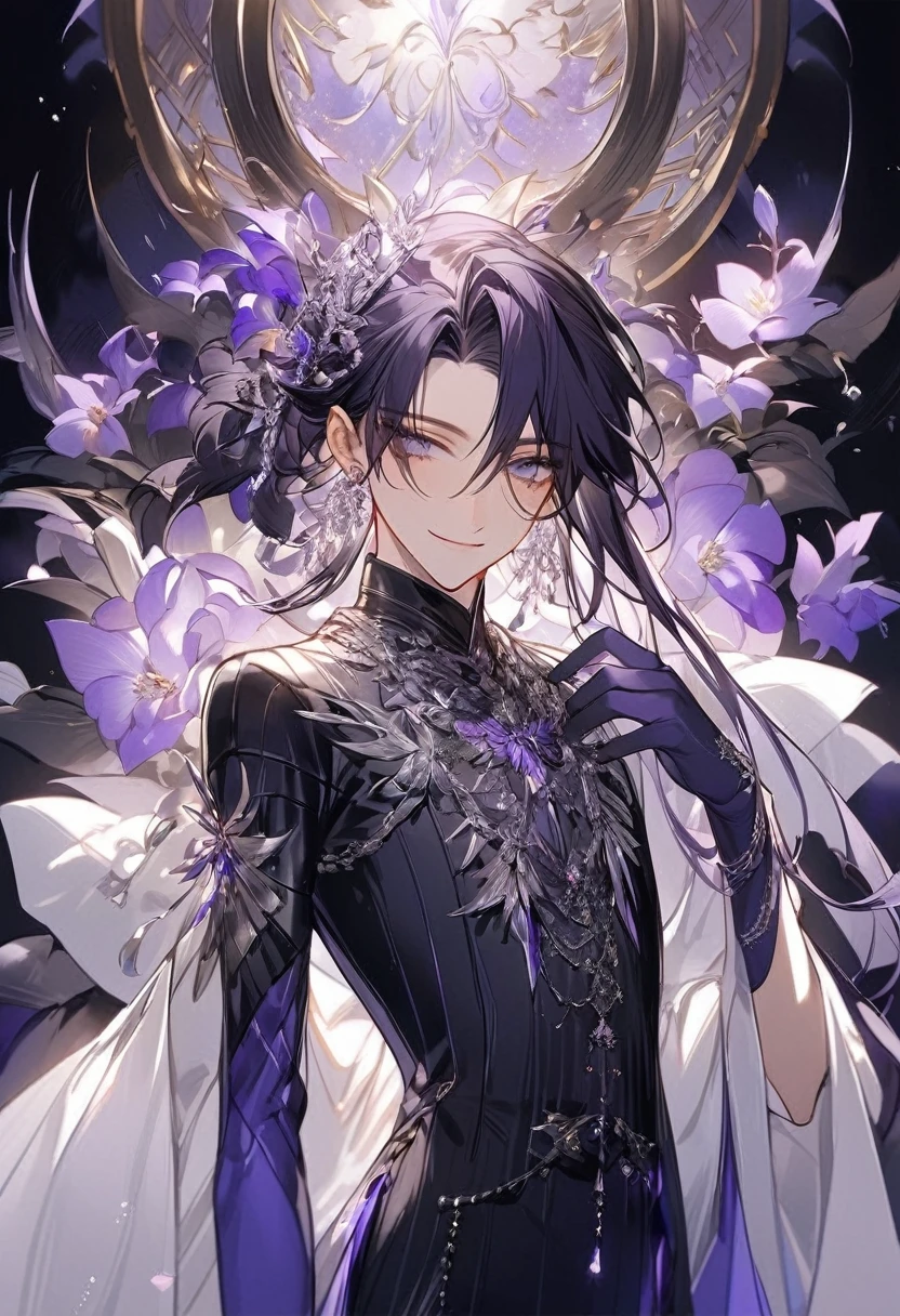Feminine boy, beautiful soft facial features, smile, squinted siren dark blue eyes without glare, silver and dark purple long loose hair with straight bang, fantasy black fit clothes with blue and purple elements, long black gloves, model, gorgeous, elegant, lots of silver jewelry, flowers in his hair, skinny body