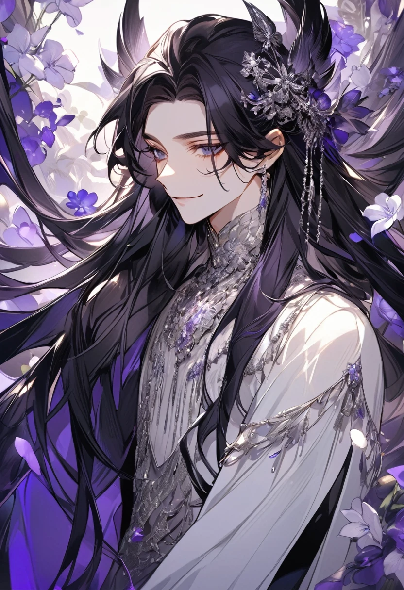 Feminine boy, beautiful soft facial features, smile, squinted siren dark blue eyes without glare, silver and dark purple long loose hair with straight bang, fantasy black fit clothes with blue and purple elements, long black gloves, model, gorgeous, elegant, lots of silver jewelry, flowers in his hair, skinny body