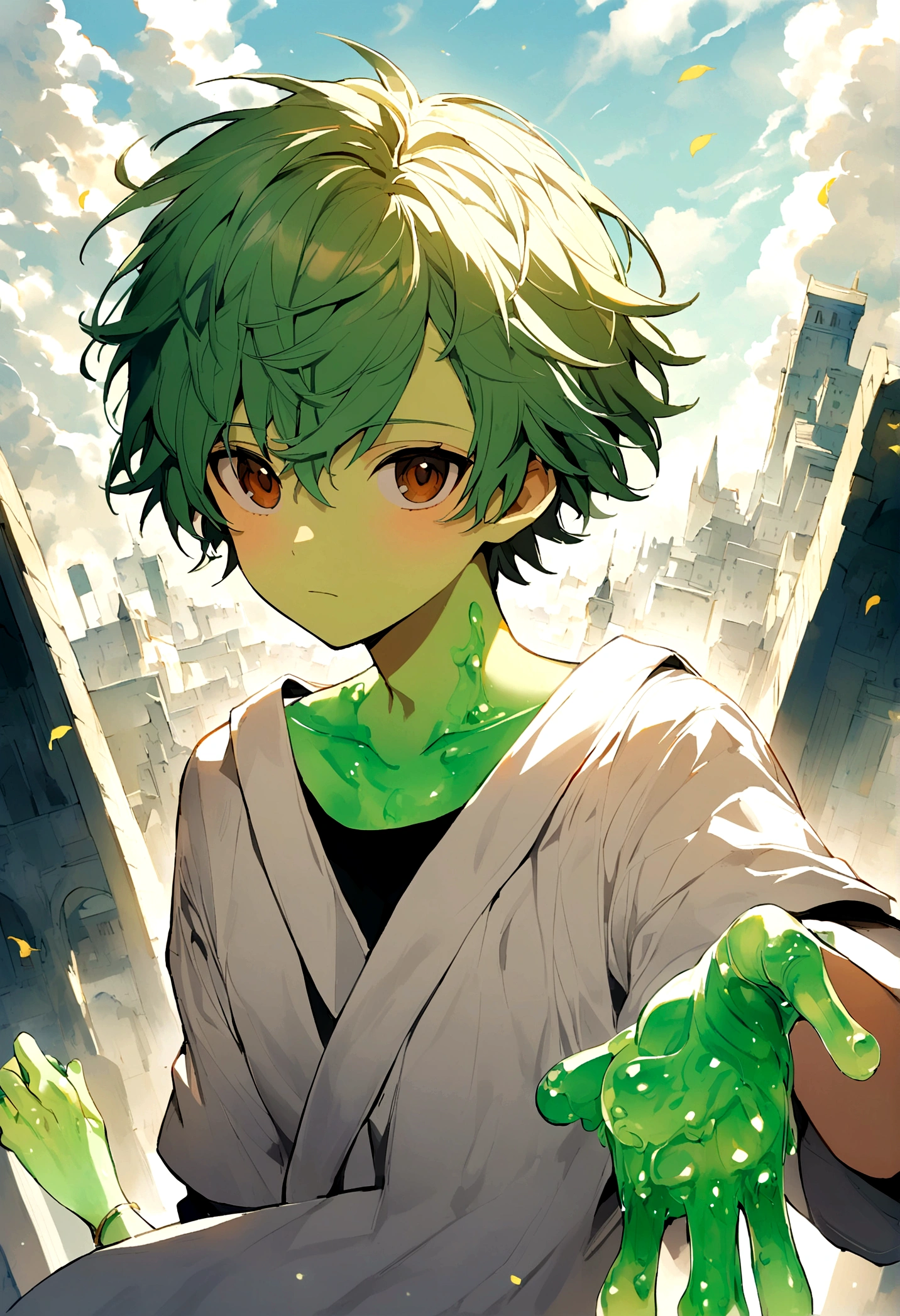 A 17 year old male teenager with a green jelly skin, brown eyes and a blue, green hair. 