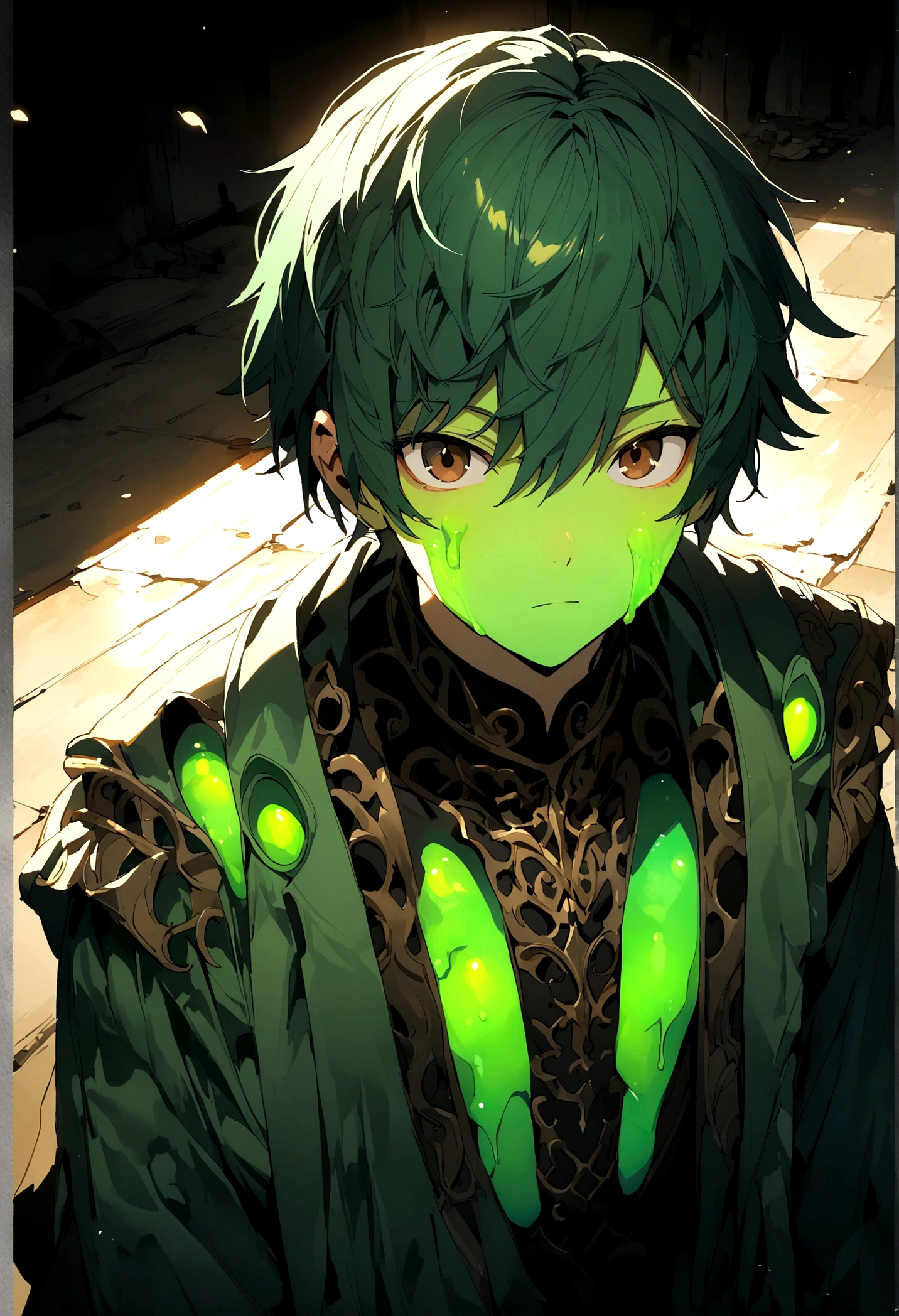 A 17 year old male ager with a green jelly skin, brown eyes and a blue, green hair.