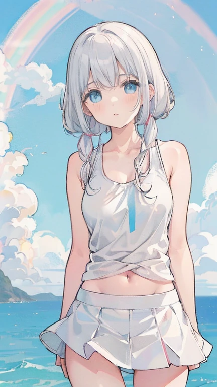Enjoying the morning sun on the beach、(water colour,tegaki:1.4),(soft pastel colors:1.3),(Platinum hair:1.3),( blue colored eyes:1.1),break,,(pastel white rainbow color palette:1.3),(pastel rainbow tank top:1.4),(mini-skirt:1.3),(musical score:1.1)、kawaii、rough touch、detailed expression、(agers、gorgeous eyes、blue colored eyes、gray hair、curly hair、苗条、breasts small、 flegs、inner thighs、beautiful fur、perfect fingertips、8 heads、look away、during、loli、hypdertailed