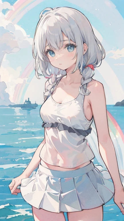 Enjoying the morning sun on the beach、(water colour,tegaki:1.4),(soft pastel colors:1.3),(Platinum hair:1.3),( blue colored eyes:1.1),break,,(pastel white rainbow color palette:1.3),(pastel rainbow tank top:1.4),(mini-skirt:1.3),(musical score:1.1)、kawaii、rough touch、detailed expression、(teenagers、gorgeous eyes、blue colored eyes、gray hair、curly hair、苗条、breasts small、 flegs、inner thighs、beautiful fur、perfect fingertips、8 heads、look away、during、lolicon)、hypdertailed