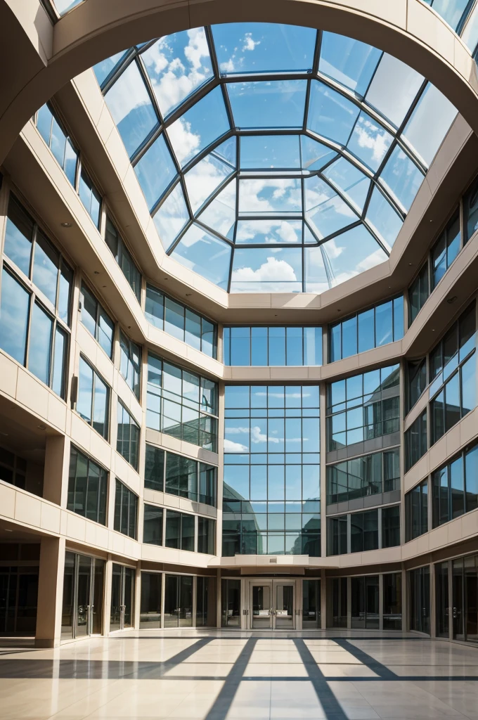 (Building seen from the outside) two stories where the first floor is very long with many windows and the second building is a glass dome(a single building on the prairie) 
