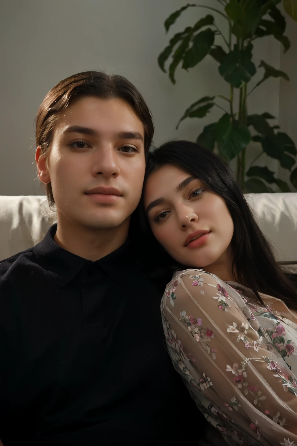 masterpiece, Best quality, girl and man sitting on the sofa, flowers, girl with black hair