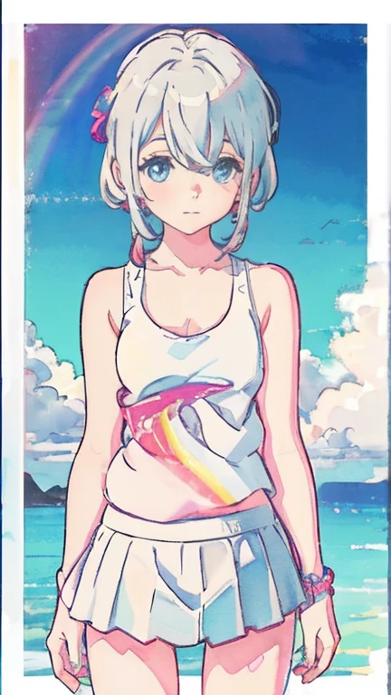 Enjoying the morning sun on the beach、(water colour,tegaki:1.4),(soft pastel colors:1.3),(Platinum hair:1.3),( blue colored eyes:1.1),break,,(pastel white rainbow color palette:1.3),(pastel rainbow tank top:1.4),(mini-skirt:1.3),(musical score:1.1)、kawaii、rough touch、detailed expression、(teenagers、gorgeous eyes、blue colored eyes、gray hair、curly hair、苗条、breasts small、 flegs、inner thighs、beautiful fur、perfect fingertips、8 heads、look away、during、lolicon)、hypdertailed