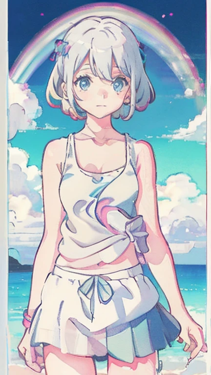 masterpiece, best quality, Extremely detailed, illustration,, Hanekawa short-haired cat, 1 Girl, whole body, , black eyes, Colorful hair, Black Hair, White hair,, swimsuit,, Detailed background, Marketing style, beach, Sunset,