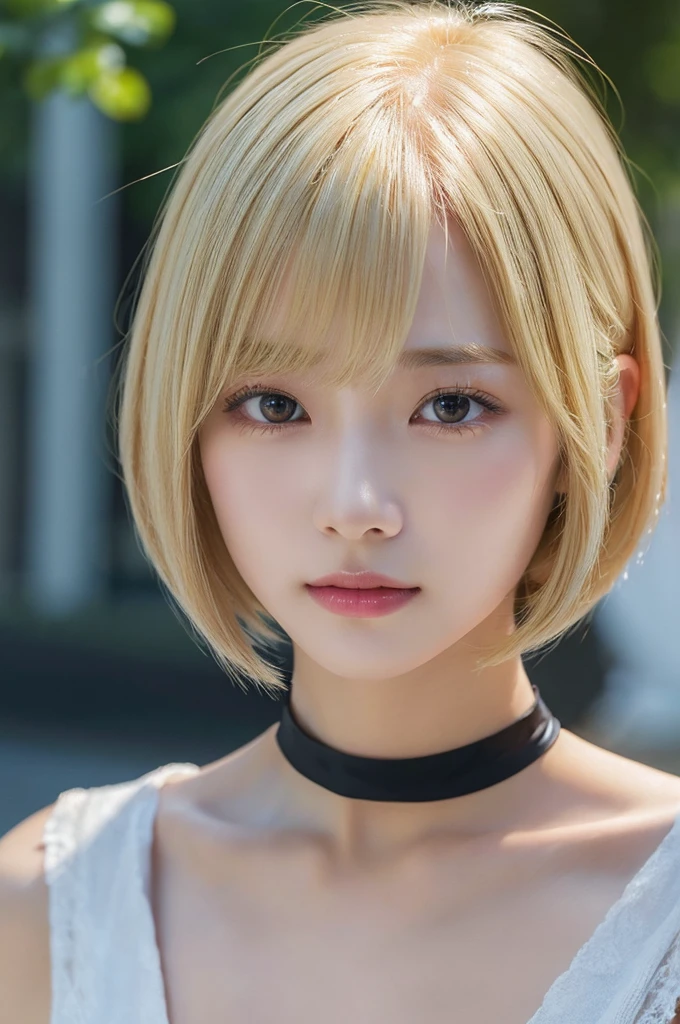(Bright and very beautiful blonde hair、bob cut silky hair:1.2),(Put on a choker:1.2),1 girl,Japanese,21 years old,(small breasts:1.3),(highest quality,masterpiece:1.3,超A high resolution,),(super detailed,caustics),(Photoreal:1.4,RAW shooting,)ultra-realistic capture,very detailed,High resolution 16K human skin close-up。 natural skin texture、,The pores are、、Must be detailed enough to be easily identified。 Skin should look even-toned and healthy。 Use natural light and color, sad expression, look at the camera, perfect dynamic composition, outdoors