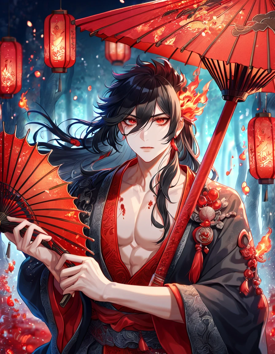 absurdres, highres, ultra detailed, HDR, master piece, best quality, extremely detailed face, delicated features, Xue Yu, untamed spiky hair, black hair, long hair, hair between the eyes, expressive red eyes, Thousand Years War, solo, sexy man holding a red paper umbrella, holding, handsome, toned chest, black haori, red fantasy robes, red blood rain, fantasy, magic, envy magical, forest, red dust, red lanterns, red fire, red floating round lights