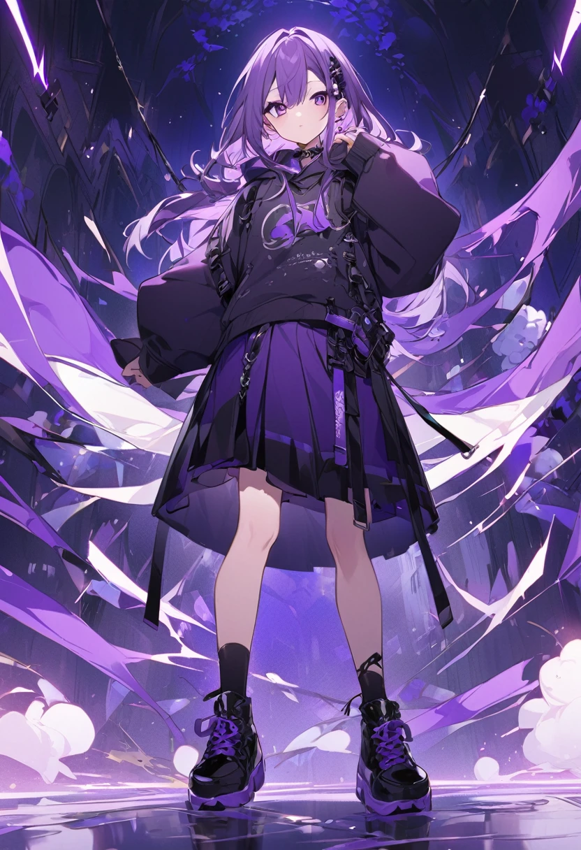 Keito。Purple Eyes。Purple Hair。Purple Skirt。Black shoes下。Black shoes。Purple hoodie