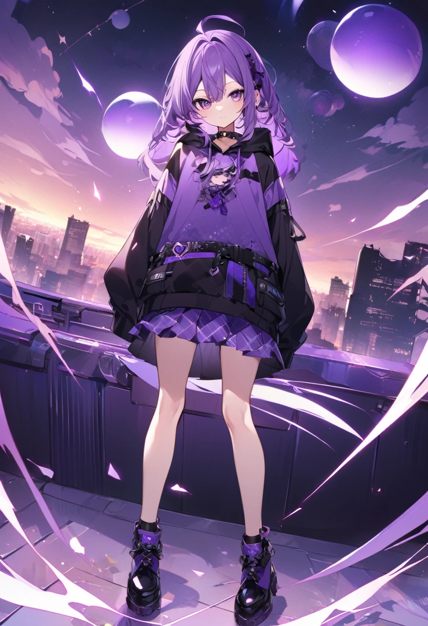 Keito。Purple Eyes。Purple Hair。Purple Skirt。Black shoes下。Black shoes。Purple hoodie