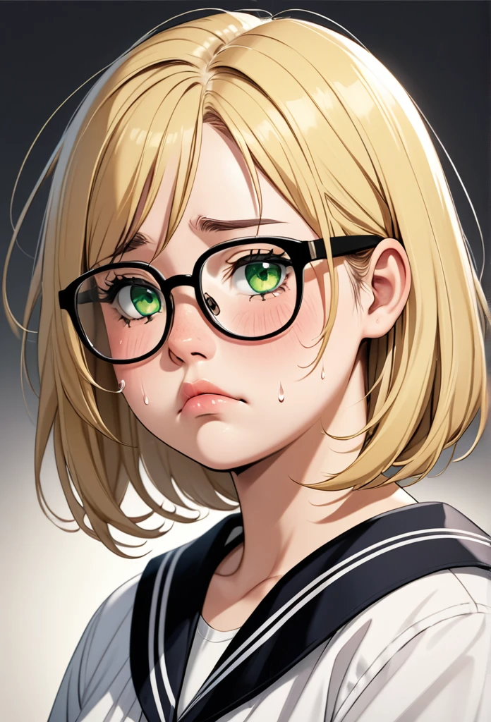 chubby girl, adult, blond, Medium length hair, open forehead, without bangs, greeneyes, black square-rim glasses, tears, sad face, sailor