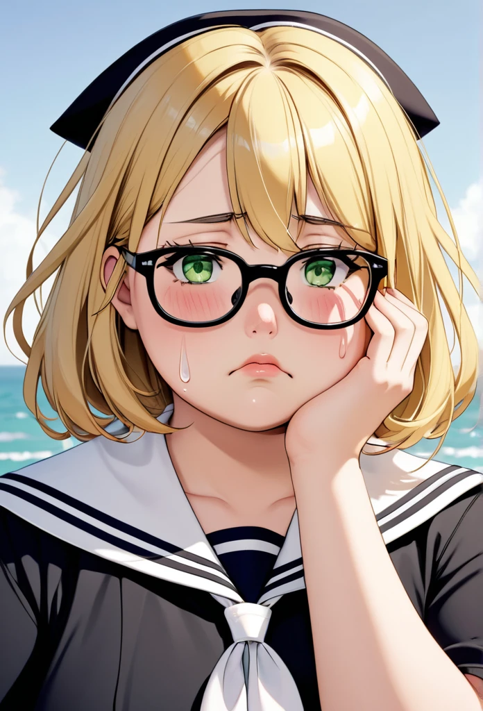 chubby girl, adult, blond, Medium length hair, open forehead, without bangs, greeneyes, black square-rim glasses, tears, sad face, sailor