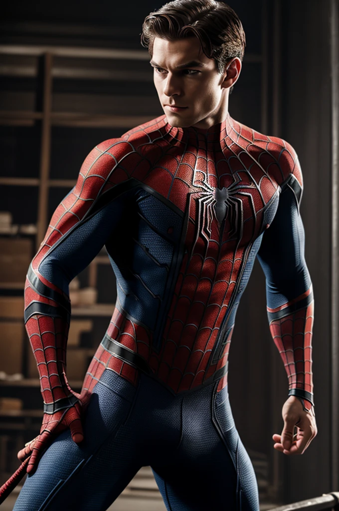 A photograph of Spider-Man., sin mascara, the 20s, with his pants very low and without a shirt, detailed face, looking to the camera, portrait, 8k hd, high quality