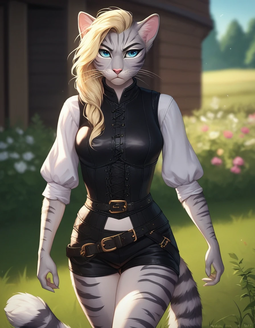 Solo, score_9,score_8_up,score_7_up, source_furry, kat, Anthro furry feline, female, tall slender body, long blonde hair, undercut hair, pink nose, :3, blue eyes, white whiskers, silver fur, grey stripes, furry body, wearing black cloth vest, black leather medieval vest, black short shorts, adventuring gear, standing, outdoors, pouting 
