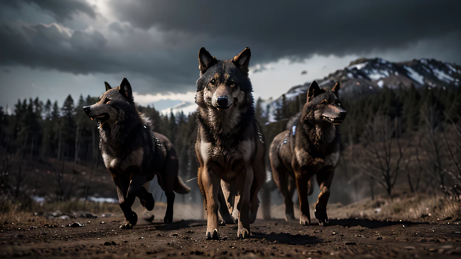 a pack of wolves, bem detalhado, ultra-detailed, 8k, photorealistic, highly detailed animal fur, striking eyes, dynamic poses, wilderness environment, moody lighting, dramatic atmosphere, cinematic composition, earthy color palette