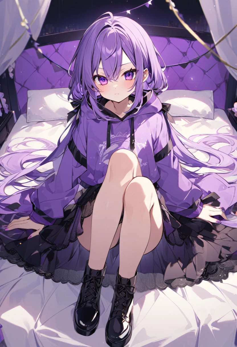 Keito。Purple Eyes。Purple Hair。Purple Skirt。Black shoes下。Black shoes。Purple hoodie。Purple bed