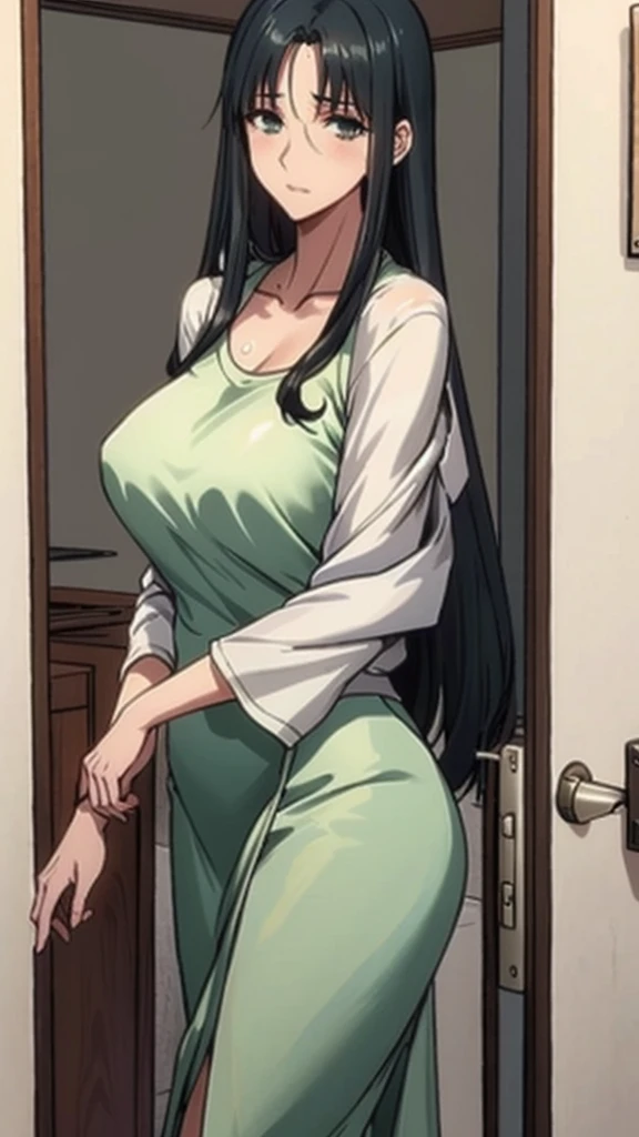 Tōsaka Aoi from "Fate/Zero" standing in a doorway. She has long, straight black hair and a gentle expression. She is wearing a long-sleeved light green dress with a bow at the collar and a white shawl draped over her shoulders. Her hair is slightly damp, indicating she might have been sweating. She is holding the door handle with her left hand, and the door is slightly ajar. The setting is an indoor space, and the lighting is soft, emphasizing her calm and approachable demeanor.