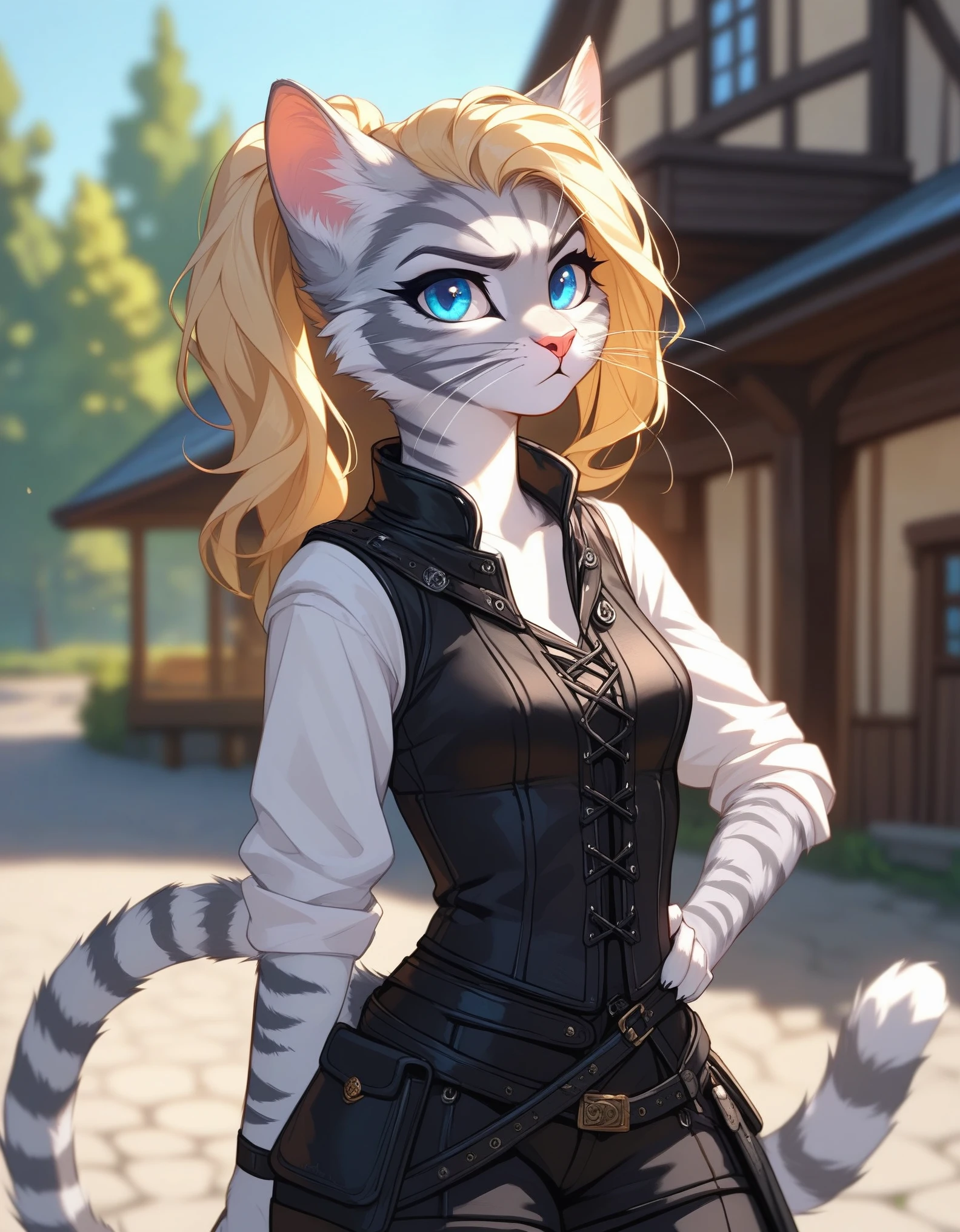 Solo, score_9,score_8_up,score_7_up, source_furry, kat, Anthro furry feline, female, tall slender body, long blonde hair, undercut hair, pink nose, :3, blue eyes, white whiskers, silver fur, grey stripes, furry body, wearing black cloth vest, black leather medieval vest, black shorts, adventuring gear, standing, outdoors, pouting
