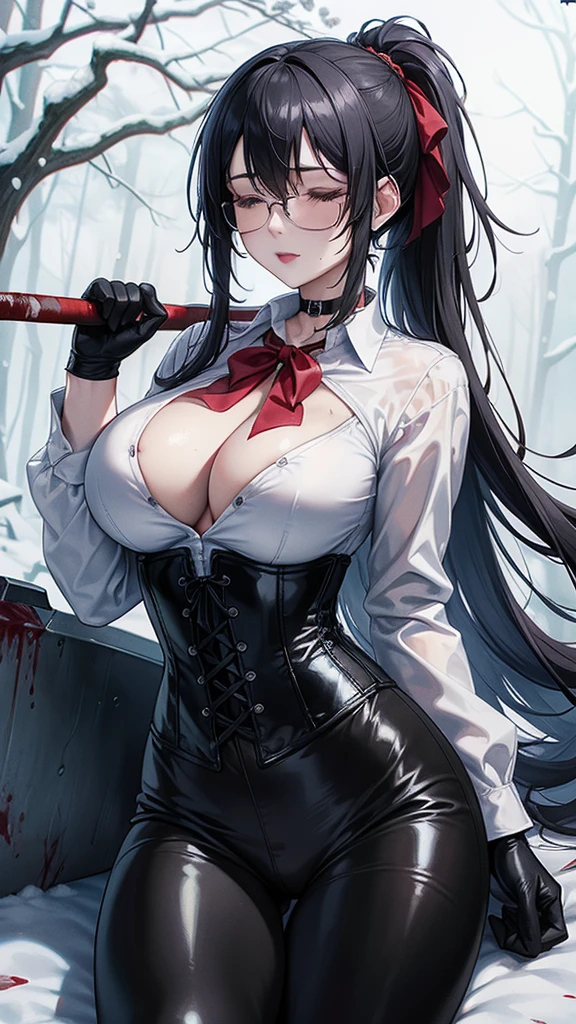 ((blood droplets)), ((blood)), ((blood splatter)), ((blood on clothes)), ((blood stain)), Masterpiece, Beautiful art, professional artist, 8k, art style by sciamano240, Very detailed face, Detailed clothing, detailed fabric, 1 girl, View from above, lying completely on the ground, perfectly drawn body, (very big breasts), dead expression, lifeless, pale skin, beautiful face, black hair short ponytail, Closed eyes, pink cheeks, glasses, choker:1.6, (white collar button down long sleeve shirt), black gloves, gloves that cover hands, (holding an ax in his right hand), (black leather corset), (shiny black leggings), Sensual Lips , evening de invierno, Dark road, Snowy forest, evening, Atmosphere, snow