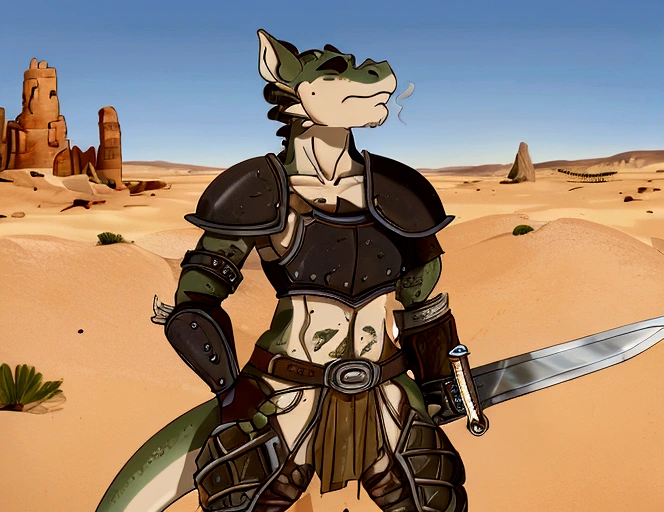 Solo Sexy young anthro scalie dragon male mercenary medieval solider, slim endomorph muscular, anthro handsome gay shorter muzzle, handsome gay model male apperance, sword scars, worn out leather skimpy armament, low on hips heavy leather belt, old very worn out skimpy dirty linen material jockstrap, old yellow dirty worn out stains on white sawn jockstrap, very visible "x" brown seam pattern on the jockstrap, studded skimpy armlets breastplate armor, skimpy breastplate, leather bondages, fingerless leather gloves, smelly unwashed husk, dirty body look, desert battlefield, standing in sexy fighting position, close view of full character