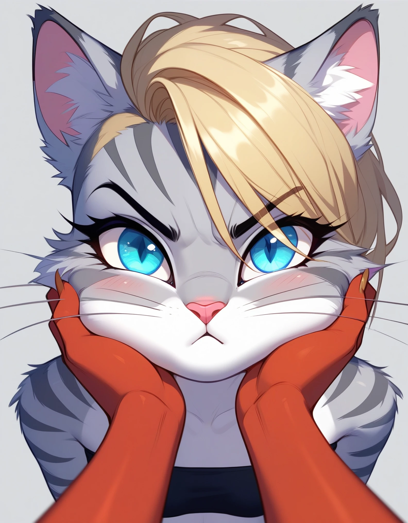 , score_9,score_8_up,score_7_up, source_furry, kat, Anthro furry feline, cute female, tall slender body, long blonde hair, undercut hair, pink nose, :3, blue eyes, white whiskers, silver fur, grey stripes, furry body, pouting, grumpy, wearing black bandeau, BREAK, pov, pov viewer is holding her cheeks, viewer is a female red reptile, red reptile hands, simple grey background