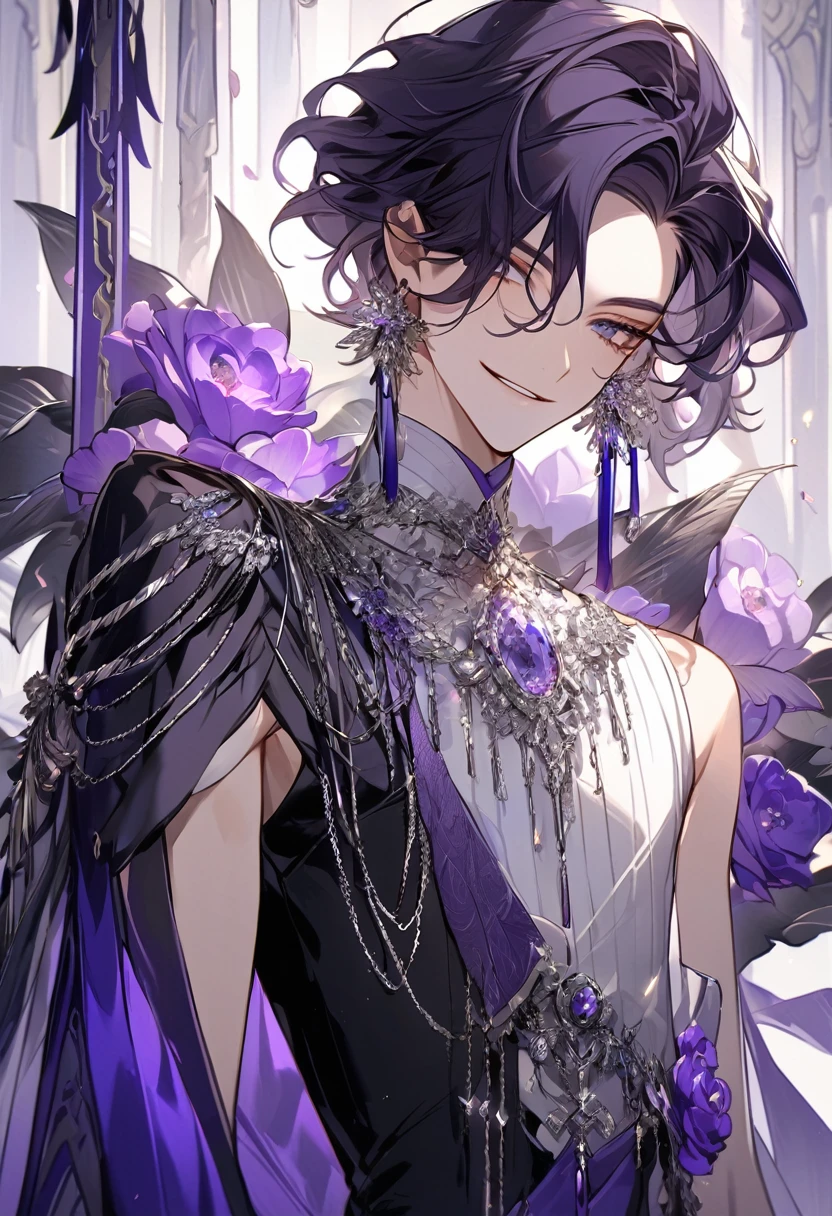Feminine boy, soft womanish facial features, smile, squinted siren dark blue eyes without glare, silver and dark purple long loose hair with straight bang, fantasy black fit clothes with blue and purple elements, long black gloves, model, gorgeous, elegant, lots of silver jewelry, flowers in his hair, skinny body