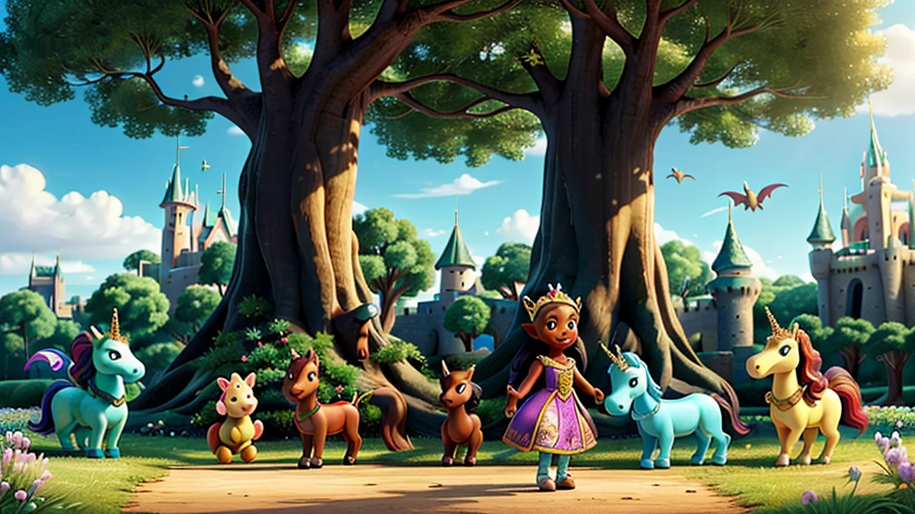 An image of a happy black princess, who lives in an Enchanted Valley, in the image she is surrounded by 4 magical creatures, 1 battle, 1 unicorn, 1 elf, 1 dragon. And he has 2 other friends. in the background a large and majestic tree, a kingdom with a castle made of shining crystal, like a Disney cartoon castle