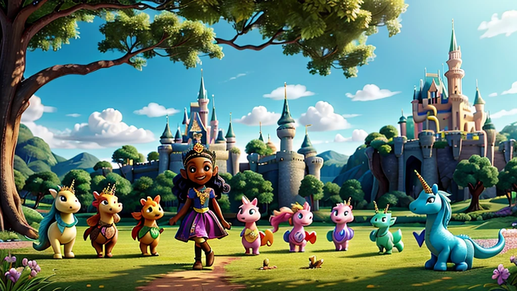 An image of a happy black princess, who lives in an Enchanted Valley, in the image she is surrounded by 4 magical creatures, 1 battle, 1 unicorn, 1 elf, 1 dragon. And he has 2 other friends. in the background a large and majestic tree, a kingdom with a castle made of shining crystal, like a Disney cartoon castle