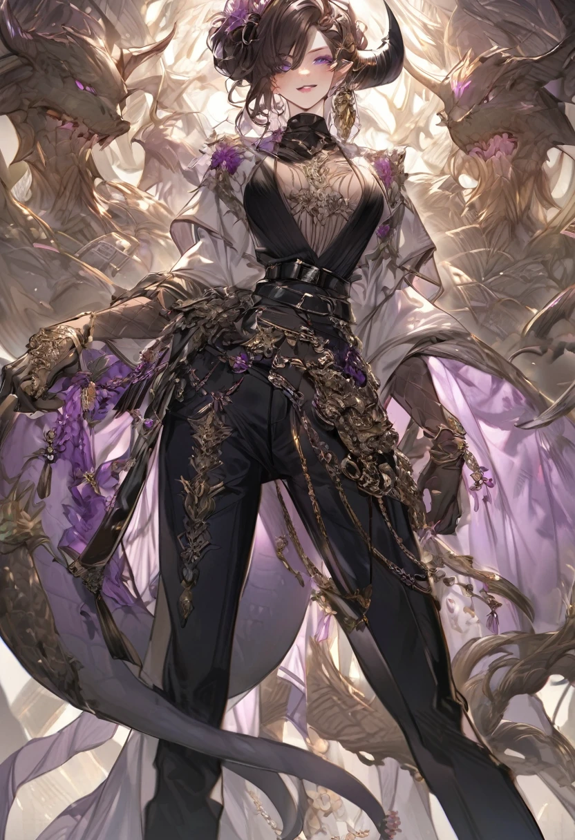 Tall woman, cheeky mad smile, brunette, hair gathered in a low bun, black clothes with open chest, purple eyes, dragon tail and horns, belts, pants, many details, light lipstick
