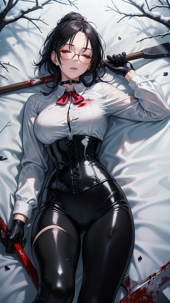 ((blood droplets)), ((blood)), ((blood splatter)), ((blood on clothes)), ((blood stain)), Masterpiece, Beautiful art, professional artist, 8k, art style by sciamano240, Very detailed face, Detailed clothing, detailed fabric, 1 girl, View from above, lying completely on the ground, perfectly drawn body, dead expression, lifeless, pale skin, beautiful face, black hair short ponytail, Closed eyes, pink cheeks, glasses, choker:1.6, (white collar button down long sleeve shirt), black gloves, gloves that cover hands, (holding an ax in his right hand), (black leather corset), (shiny black leggings), Sensual Lips , evening de invierno, Dark road, Snowy forest, evening, Atmosphere, snow