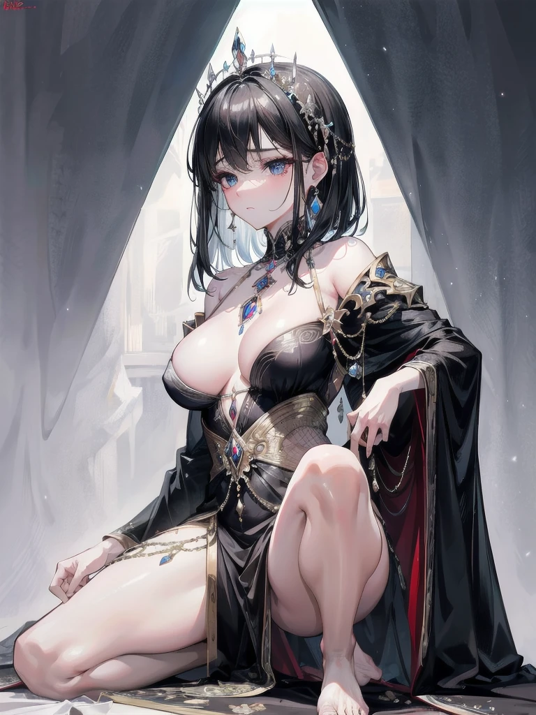 absurdres, RAW photo, extremely delicate and beautiful, masterpiece, Best Quality, ultra high resolution, 32k, hyperrealistic, ultra-detailed, delicate facial features, beautiful detailed woman, tearful mole, earring, medium breasts, full body shot, medium hair, black hair, flashy black magic robe,