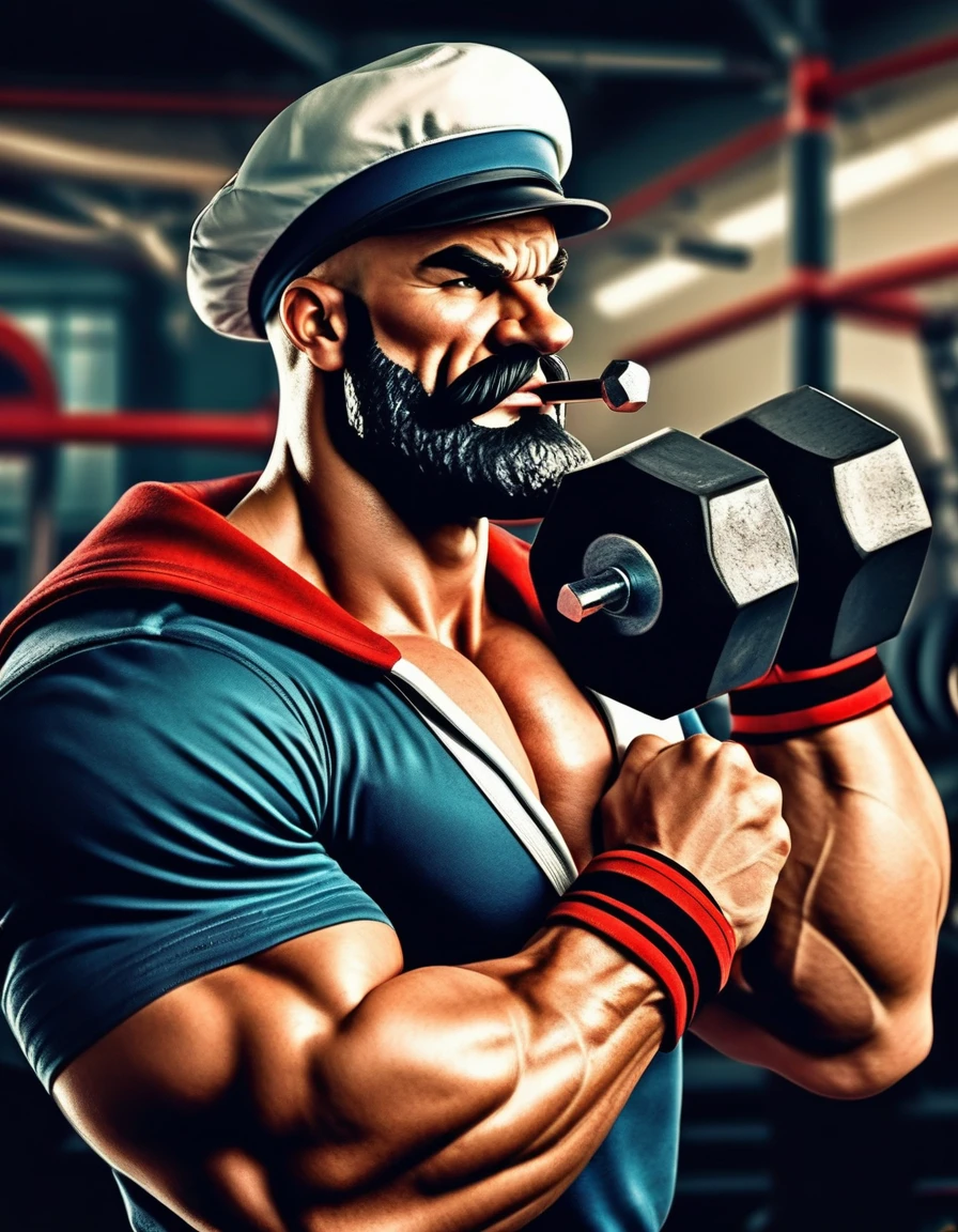 Sailor Popeye faithful to the work, lifting a big dumbbell as a bodybuilding athlete, highlighting your chin and forearm, your muscles well defined, Symmetrical, not exaggerated, harmonic, classic sailor look with pipe, black beard. with a powerful expression, Determined, force. The background of the image with elements of the work such as spinach, pipe and a gym, like weights, dumbbells, training equipment. With an intense atmosphere. Essence "badass" clenched fists, left eye is white . highy detailed, film, bokeh, proffesional, highy detailed